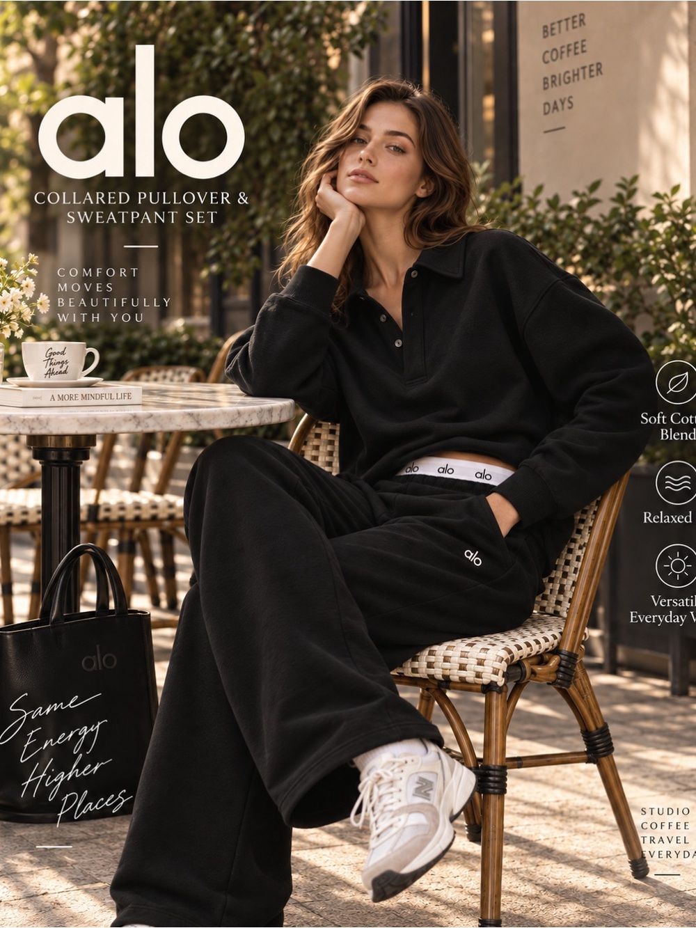 ALO Yoga Take It Easy Henley & Accolade Straight Leg Sweatpants Set Black S NEW